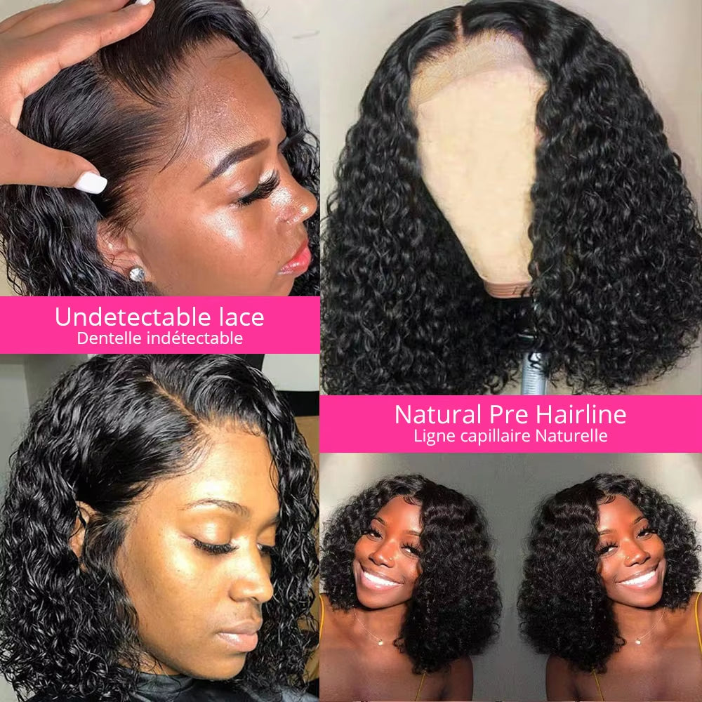 12A Short Bob Wig Deep Wave 100% Human Hair Wigs Ready to Go Glueless Wigs Brazilian Water Wave Lace Frontal Wigs for Women