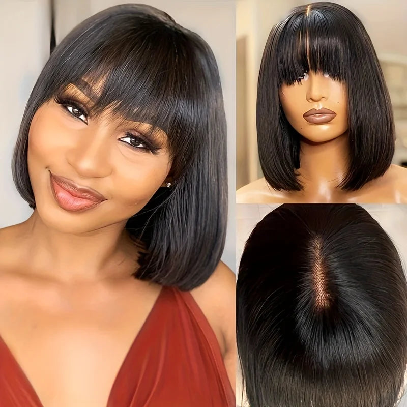 Bone Straight Short Bob Wig with Bangs Brazilian Remy Hair 3X1 Lace Middle Part Wig 100% Human Hair for Black Women Cheap Wigs