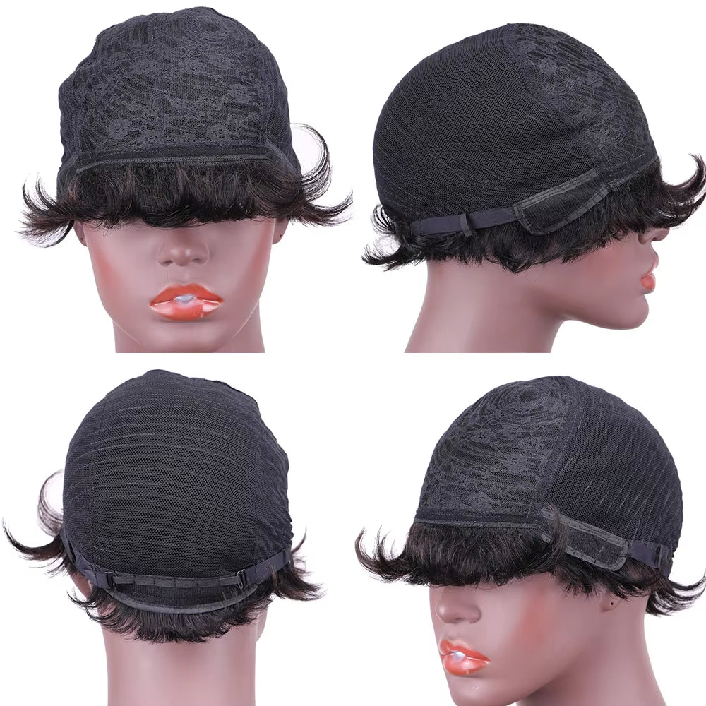 Short Human Hair Wigs with Bangs Short Pixie Wig Human Hair for Women Fashion Full Machine Duby Wig Cheap Black Red Party Wigs