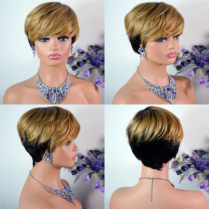 Short Human Hair Wigs Pixie Cut Wigs with Bangs for Black Women Blonde Color Pixie Wigs for Women Full Machine Made Wigs