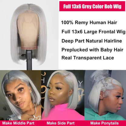 Silver Grey Colored Transparent Lace Front Wig Human Hair 13X6 Brazilian Remy Straight Lace Frontal Wig Human Hair 150 Density