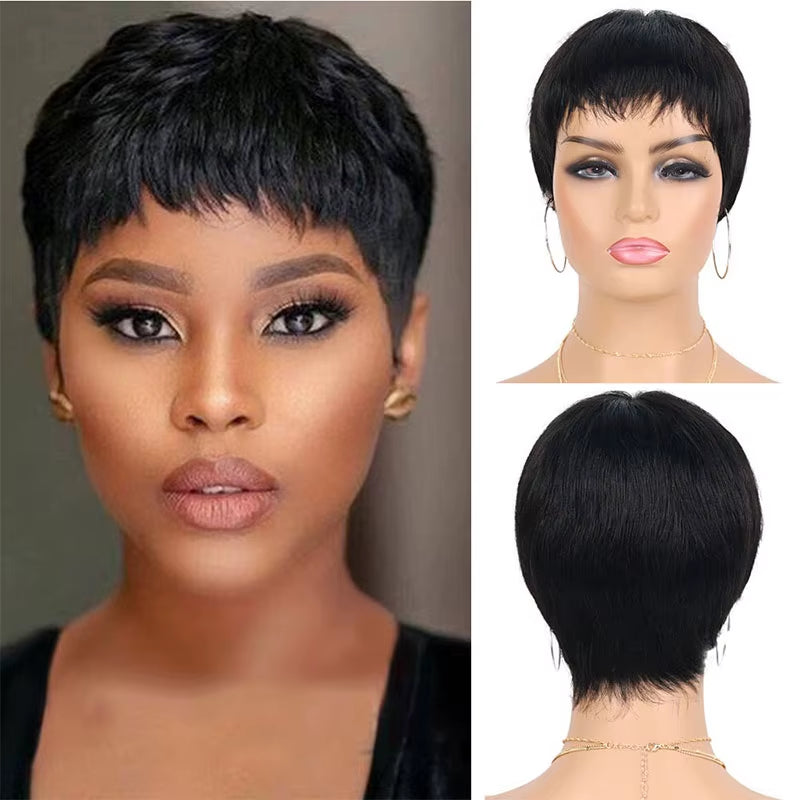 Short Human Hair Wigs with Bangs Short Pixie Wig Human Hair for Women Fashion Full Machine Duby Wig Cheap Black Red Party Wigs