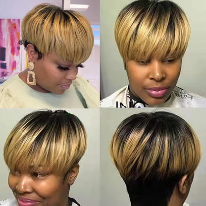 Short Human Hair Wigs Pixie Cut Wigs with Bangs for Black Women Blonde Color Pixie Wigs for Women Full Machine Made Wigs