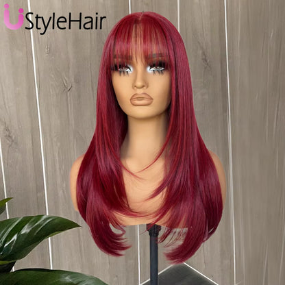 Layered Cut Red Wig with Bangs Synthetic Lace Front Wig for Women Natural Hairline Daily Use Heat Resistant Fiber