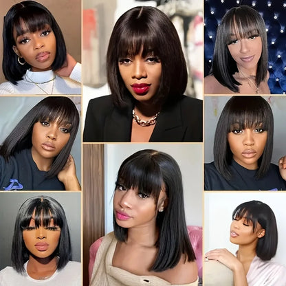 Bone Straight Short Bob Wig with Bangs Brazilian Remy Hair 3X1 Lace Middle Part Wig 100% Human Hair for Black Women Cheap Wigs