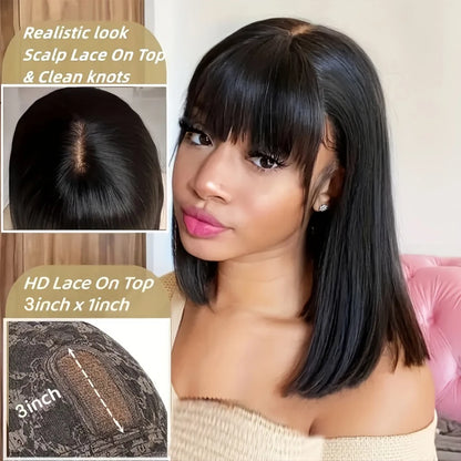 Bone Straight Short Bob Wig with Bangs Brazilian Remy Hair 3X1 Lace Middle Part Wig 100% Human Hair for Black Women Cheap Wigs