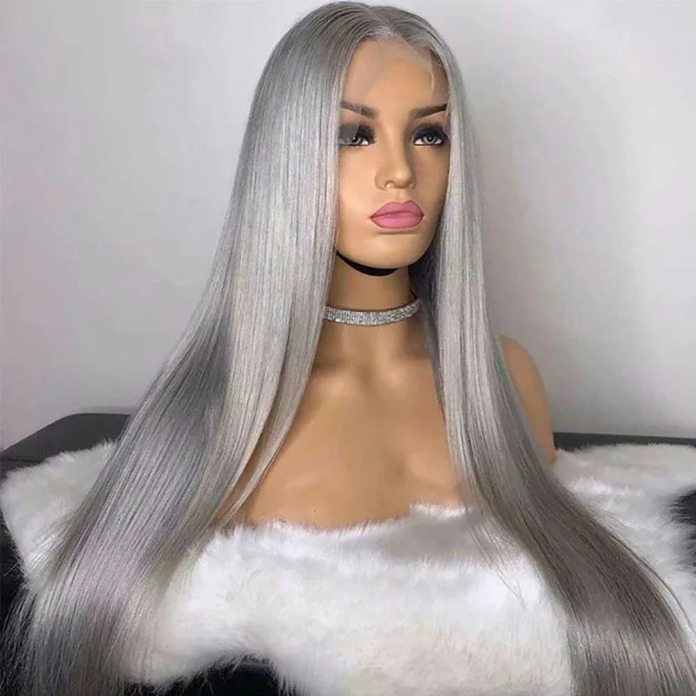 Grey 13X6 Hd Transparent Lace Frontal Wig Raw Vietnamese Human Hair Wigs Silver Straight Lace Front Wigs for Women 30 32 36 Inch