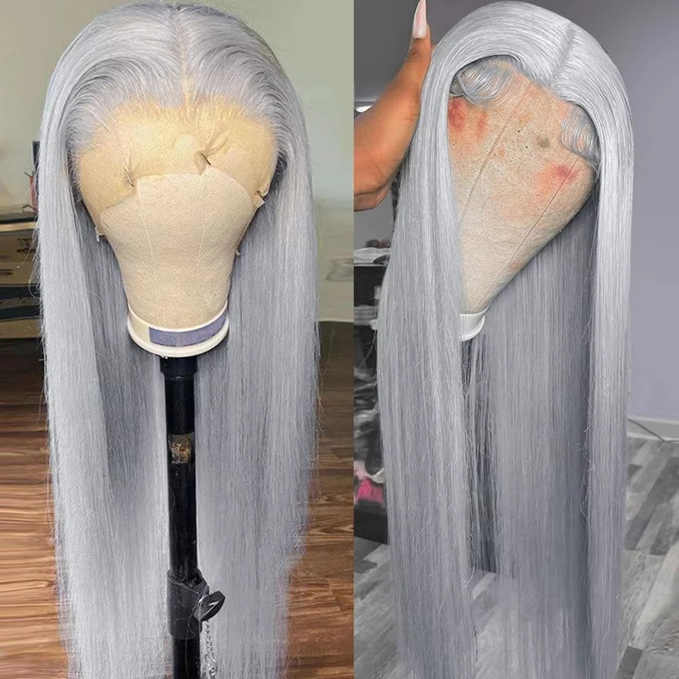 Grey 13X6 Hd Transparent Lace Frontal Wig Raw Vietnamese Human Hair Wigs Silver Straight Lace Front Wigs for Women 30 32 36 Inch