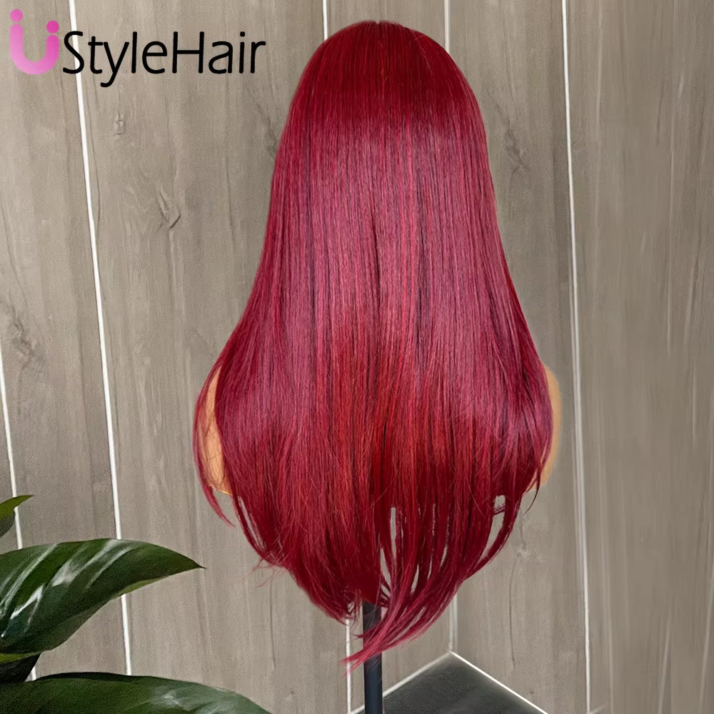 Layered Cut Red Wig with Bangs Synthetic Lace Front Wig for Women Natural Hairline Daily Use Heat Resistant Fiber