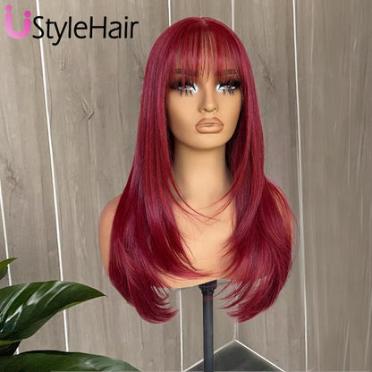 Layered Cut Red Wig with Bangs Synthetic Lace Front Wig for Women Natural Hairline Daily Use Heat Resistant Fiber