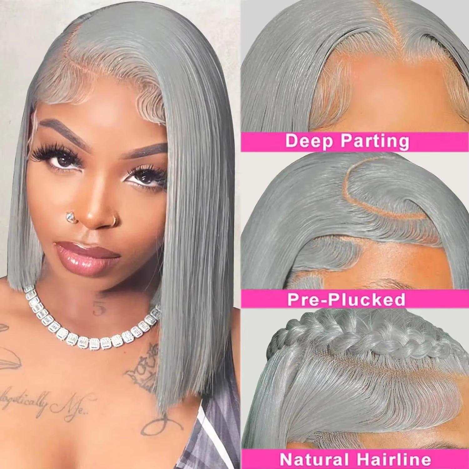 Silver Grey Colored Transparent Lace Front Wig Human Hair 13X6 Brazilian Remy Straight Lace Frontal Wig Human Hair 150 Density