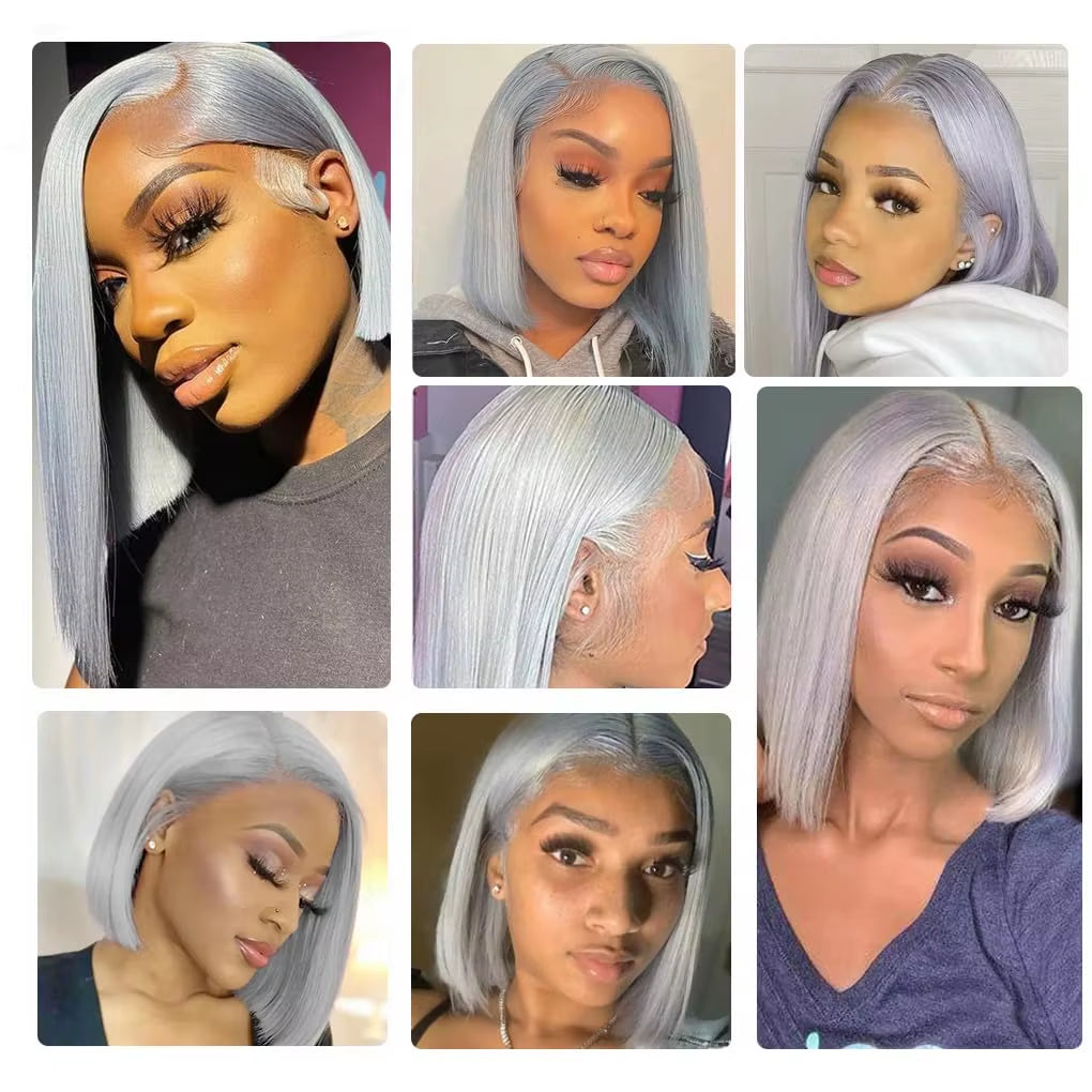 Silver Grey Colored Transparent Lace Front Wig Human Hair 13X6 Brazilian Remy Straight Lace Frontal Wig Human Hair 150 Density