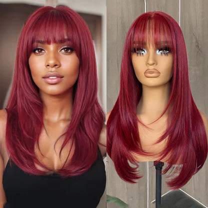 Layered Cut Red Wig with Bangs Synthetic Lace Front Wig for Women Natural Hairline Daily Use Heat Resistant Fiber