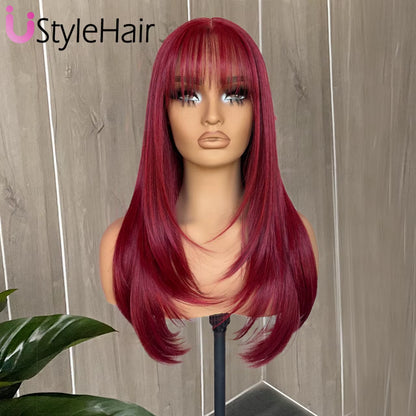 Layered Cut Red Wig with Bangs Synthetic Lace Front Wig for Women Natural Hairline Daily Use Heat Resistant Fiber