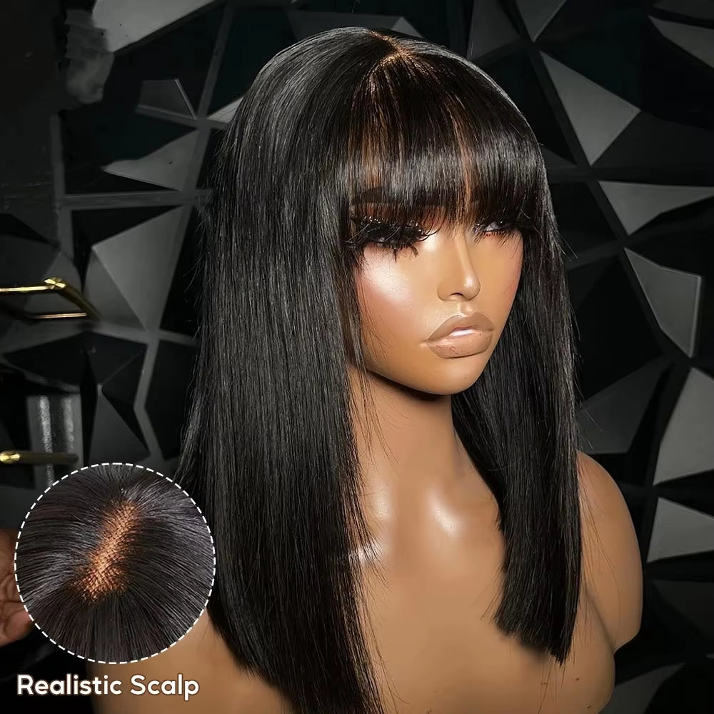 Bone Straight Short Bob Wig with Bangs Brazilian Remy Hair 3X1 Lace Middle Part Wig 100% Human Hair for Black Women Cheap Wigs